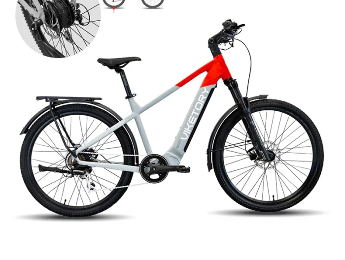 Bicicleta electrica adulti gri rosie Viketory Ventix Urban bicicleta asistata electric Schimbatoare Shimano 7 viteze