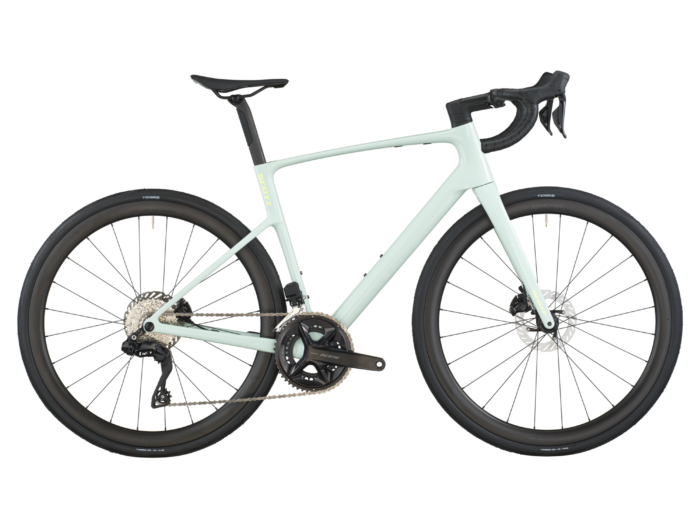 Gravel bike cu schimbatoar electric Shimano Di2 Scott Addict 30 alb cu cadru de carbon
